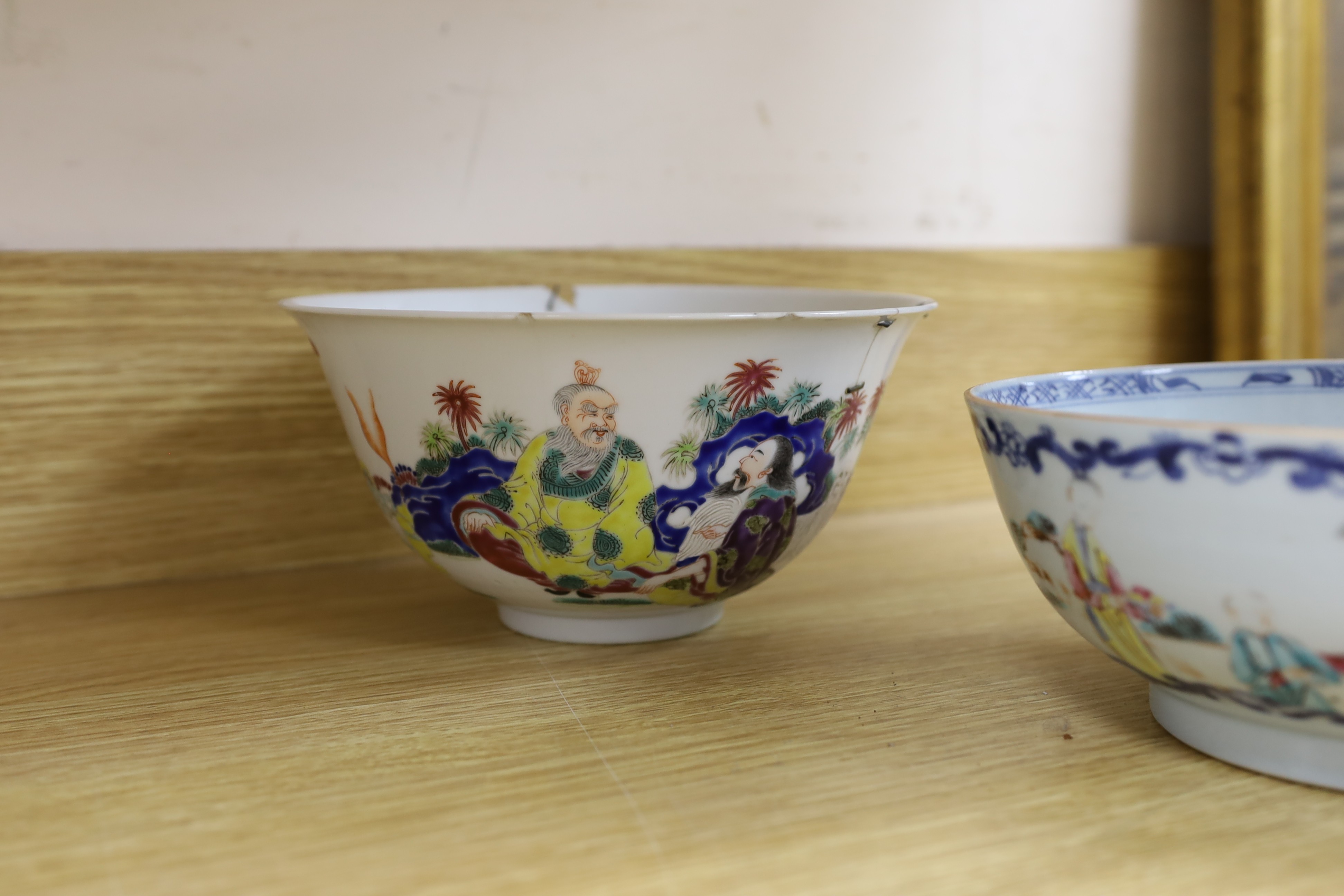 A group of 18th century and later Chinese enamelled and blue and white porcelain dishes and three bowls, Largest dish 35.5 cm diameter